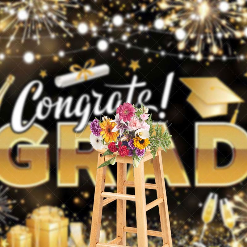 Aperturee - Aperturee Black Gold Sparkle Lighted Congrats Grad Backdrop