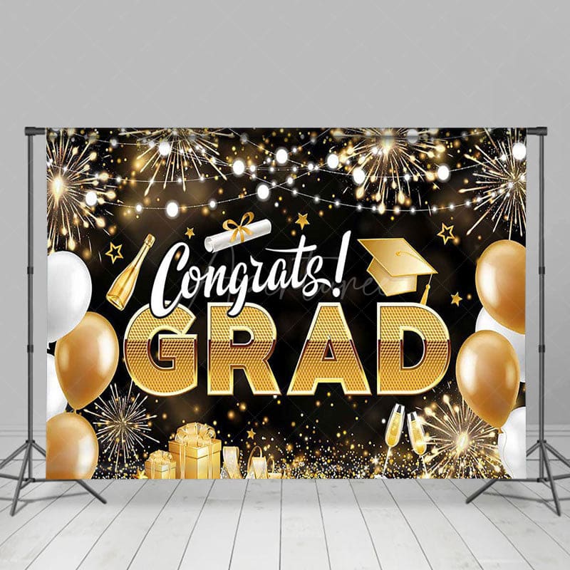 Aperturee - Aperturee Black Gold Sparkle Lighted Congrats Grad Backdrop