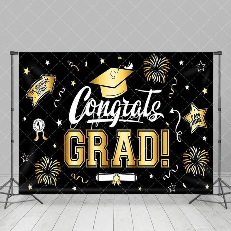 Aperturee - Aperturee Black Gold Sparkle Ribbons Congrats Grad Backdrop