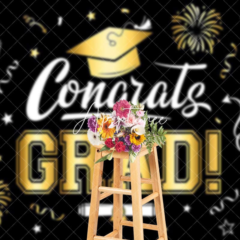 Aperturee - Aperturee Black Gold Sparkle Ribbons Congrats Grad Backdrop