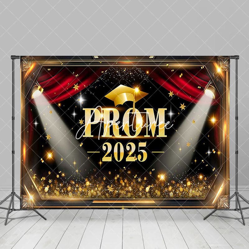 Aperturee - Aperturee Black Gold Stars Prom 2025 Graduation Party Backdrop