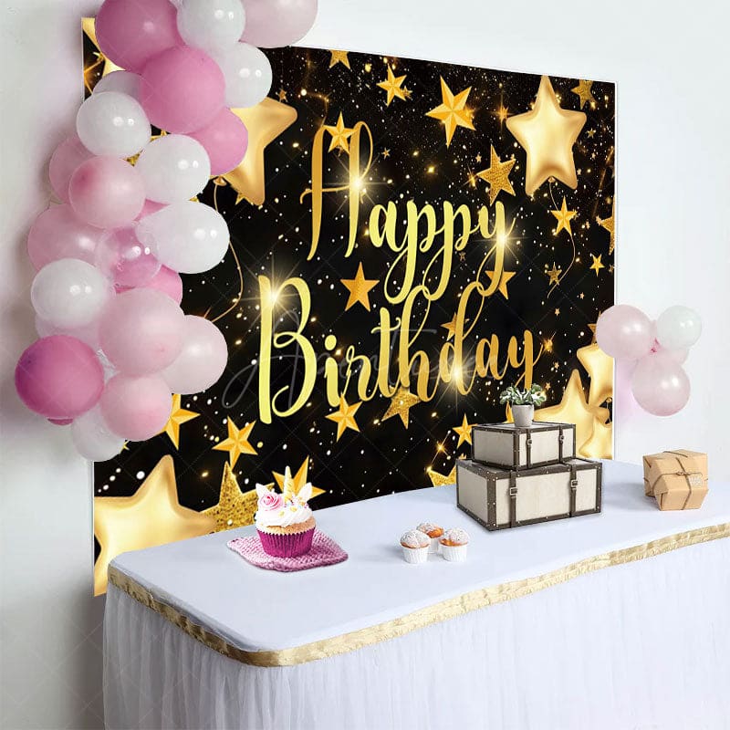 Aperturee - Aperturee Black Golden Stars Bokeh Happy Birthday Backdrop