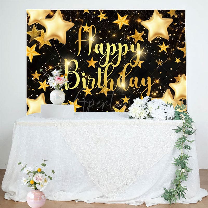 Aperturee - Aperturee Black Golden Stars Bokeh Happy Birthday Backdrop