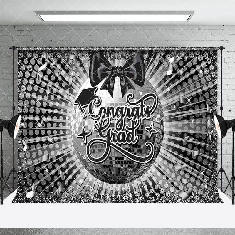 Aperturee - Aperturee Black Grey Bow Tie Disco Ball Congrats Grad Backdrop