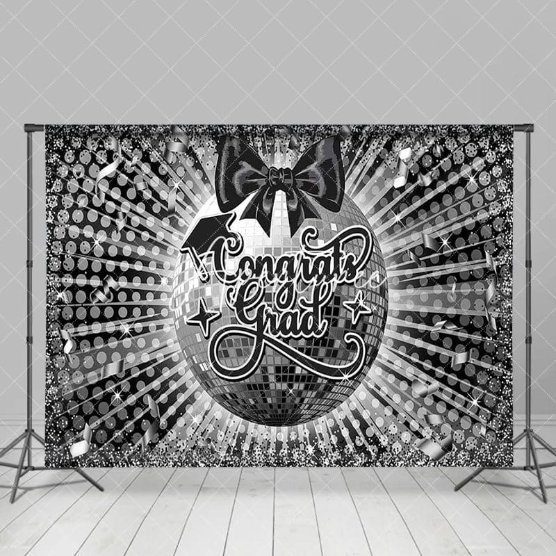 Aperturee - Aperturee Black Grey Bow Tie Disco Ball Congrats Grad Backdrop