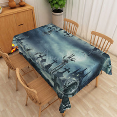 Aperturee - Aperturee Black Halloween Graveyard Rectangle Tablecloth for Dark and Spooky Haunted Cemetery Party Decor