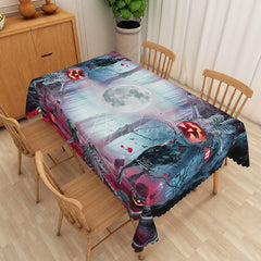Aperturee - Aperturee Black Halloween Rectangle Tablecloth with Graveyard Owl and Jack O’ Lanterns for Spooky Night Decor