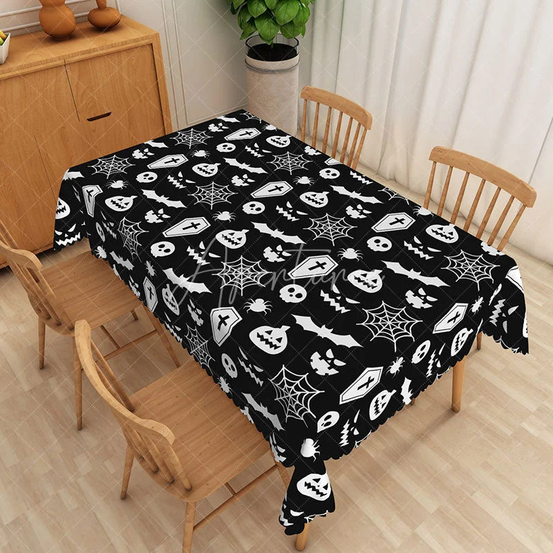 Aperturee - Aperturee Black Halloween Rectangle Tablecloth with Skulls Bats and Ghosts for Spooky and Gothic Party Decor