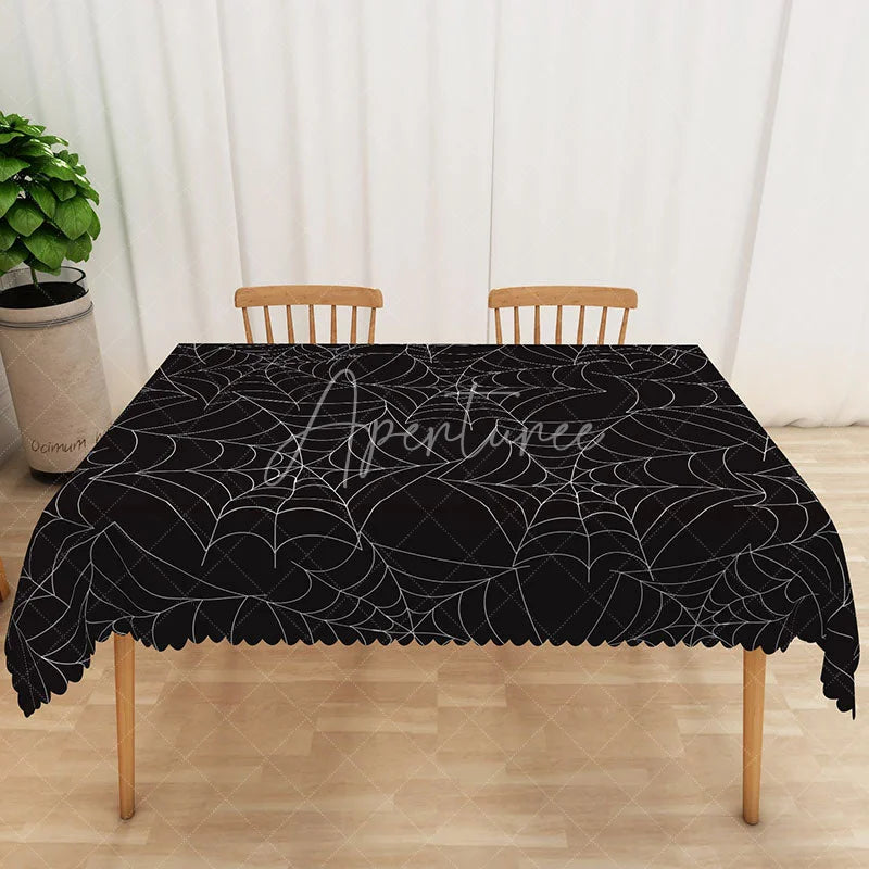 Aperturee - Aperturee Black Halloween Rectangle Tablecloth with Spider Web Pattern for Spooky and Gothic Party Decorations