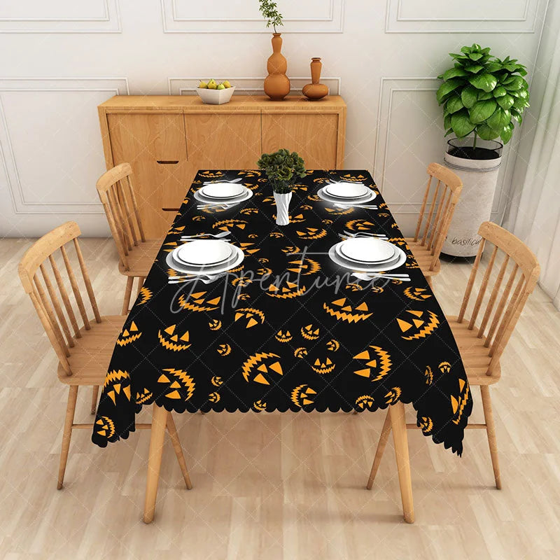 Aperturee - Aperturee Black Halloween Rectangle Tablecloth with Spooky Jack O’ Lantern Face for Holiday Party and Dining Decor