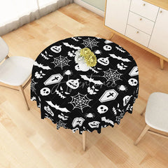 Aperturee - Aperturee Black Halloween Round Tablecloth with Bats Spiderwebs and Jack-o’-Lanterns for Gothic Decor