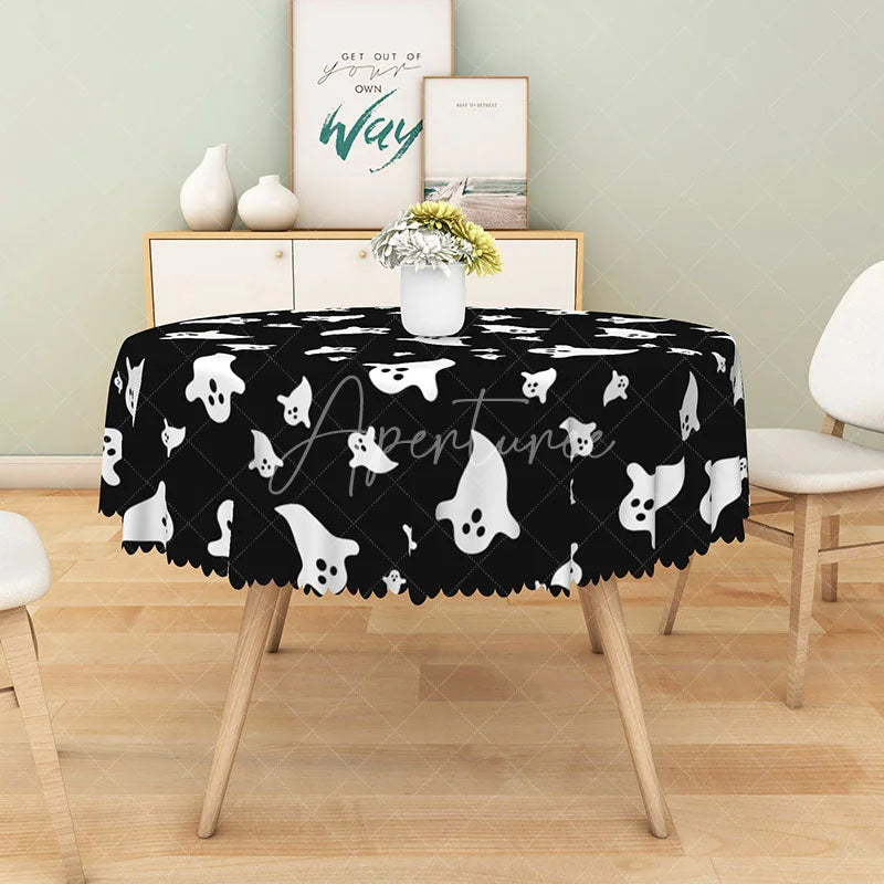 Aperturee - Aperturee Black Halloween Round Tablecloth with Cute Ghost Pattern for Modern and Spooky Party Decorations