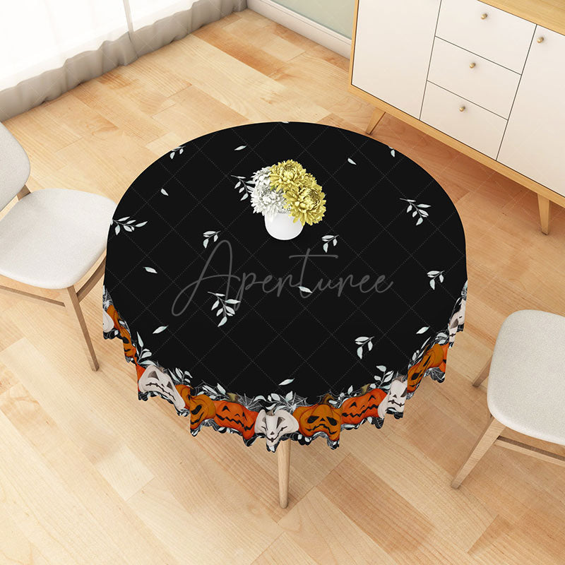 Aperturee - Aperturee Black Halloween Round Tablecloth with Jack O’ Lantern Pattern for Spooky Holiday Party Decorations
