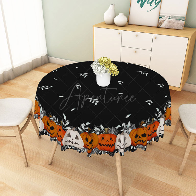 Aperturee - Aperturee Black Halloween Round Tablecloth with Jack O’ Lantern Pattern for Spooky Holiday Party Decorations