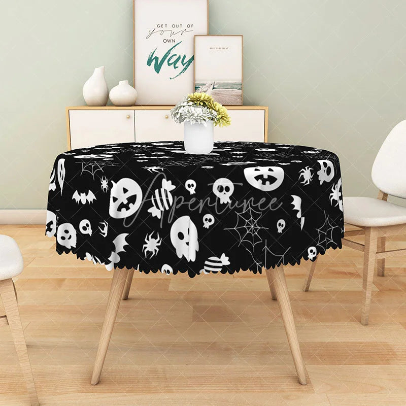 Aperturee - Aperturee Black Halloween Round Tablecloth with Jack-o’-Lanterns and Spiderwebs for Gothic Spooky Decor
