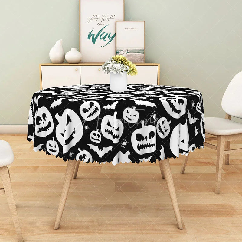 Aperturee - Aperturee Black Halloween Round Tablecloth with Jack-o’-Lanterns Bats and Spiders for Gothic Spooky Decor
