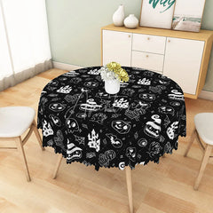 Aperturee - Aperturee Black Halloween Round Tablecloth with Jack-o’-Lanterns Skulls and Haunted Castle for Spooky Decor