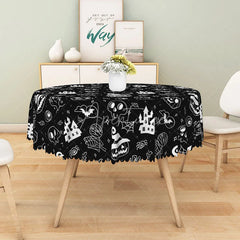 Aperturee - Aperturee Black Halloween Round Tablecloth with Jack-o’-Lanterns Skulls and Haunted Castle for Spooky Decor