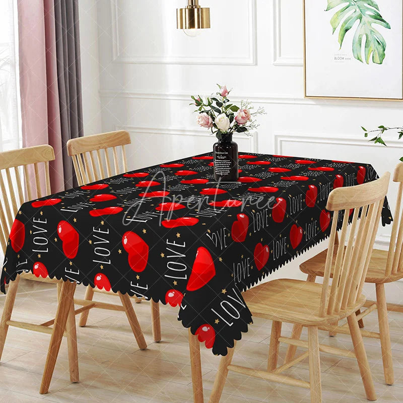 Aperturee - Aperturee Black Love Text Rectangle Tablecloth Red Heart and Gold Star Pattern Modern Valentine Dining Room Decor
