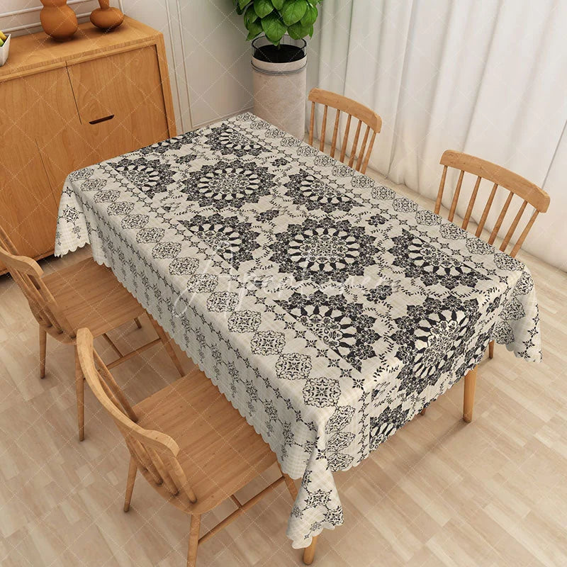 Aperturee - Aperturee Black Mandala Rectangle Tablecloth Beige Linen Texture Table Cover Boho Chic Dining Room Decor