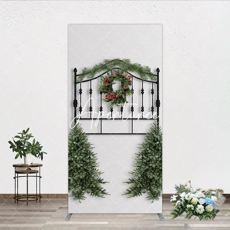 Aperturee - Aperturee Black Metal Christmas Wreath Garland Rectangle Arch Backdrop Holiday Party Decor with Pine Trees
