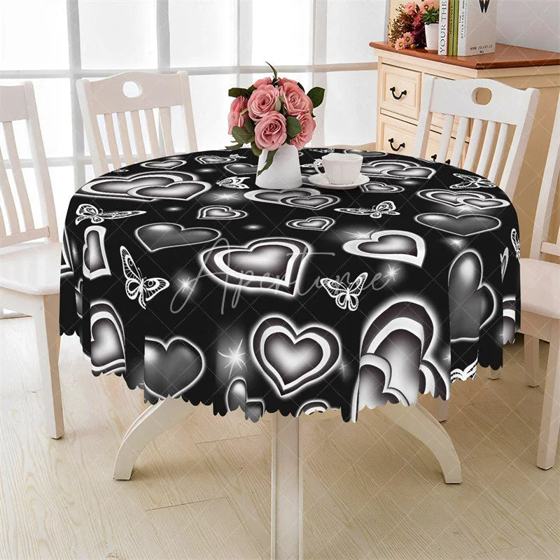 Aperturee - Aperturee Black Neon Heart Butterfly Round Tablecloth Modern Glowing Love Table Cover for Party