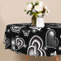 Aperturee - Aperturee Black Neon Heart Butterfly Round Tablecloth Modern Glowing Love Table Cover for Party