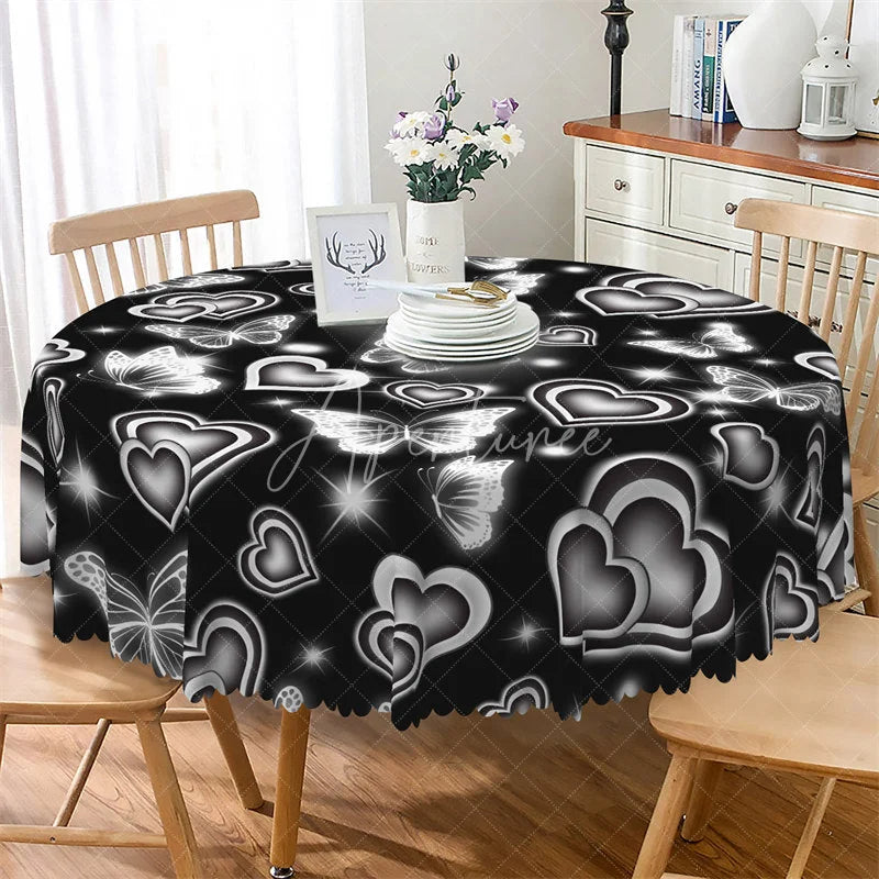 Aperturee - Aperturee Black Neon Heart Butterfly Round Tablecloth Silver Glowing Love Pattern Table Cover for Party