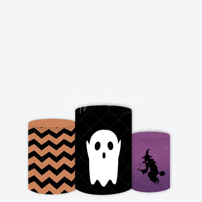 Aperturee - Aperturee Black Orange Purple Halloween Ghost Witch and Chevron Cylinder Cover Spooky Pattern Party Decoration