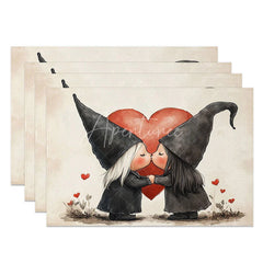 Aperturee - Aperturee Black Outfit Kissing Gnomes Set of 4 Placemats Red Heart Valentine Decoration Romantic Love Table Mat