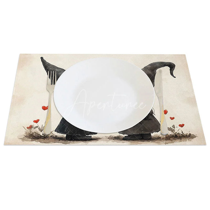 Aperturee - Aperturee Black Outfit Kissing Gnomes Set of 4 Placemats Red Heart Valentine Decoration Romantic Love Table Mat