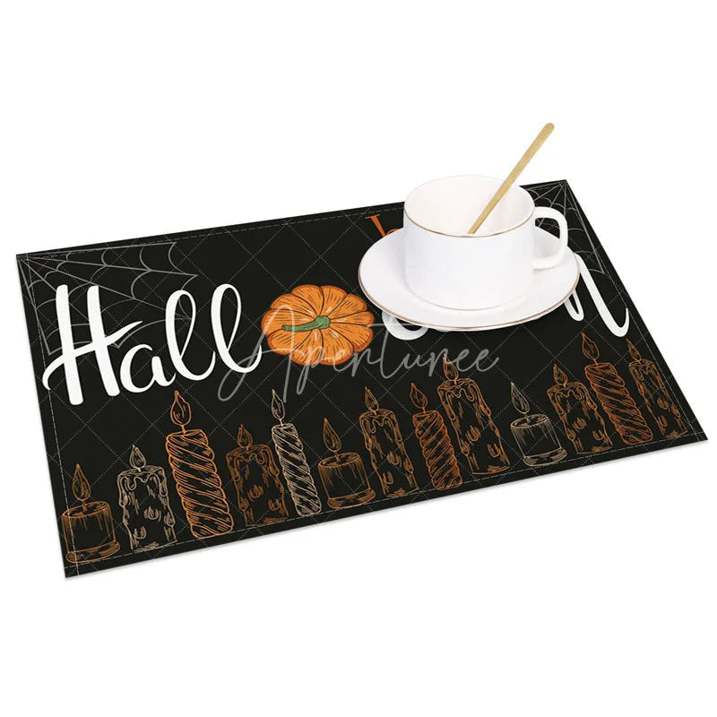 Aperturee - Aperturee Black Pumpkin and Spiderweb Halloween Set of 4 Placemats for Spooky and Gothic Party Decorations