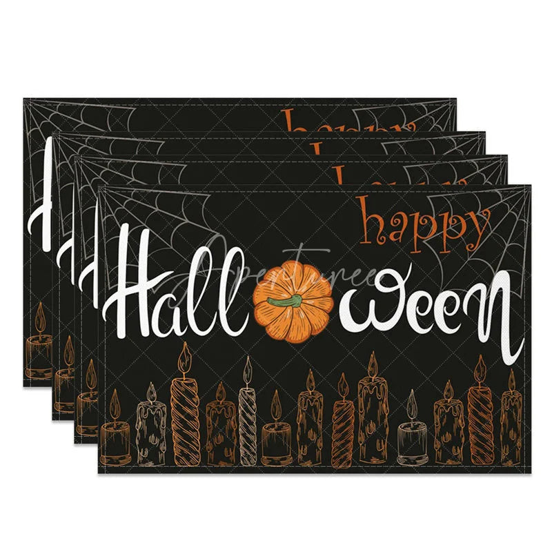Aperturee - Aperturee Black Pumpkin and Spiderweb Halloween Set of 4 Placemats for Spooky and Gothic Party Decorations