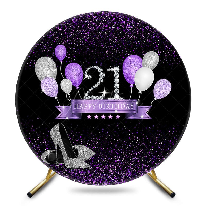Aperturee - Aperturee Black Purple Glitter Round 21st Birthday Backdrop