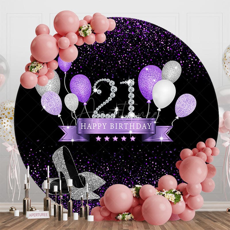 Aperturee - Aperturee Black Purple Glitter Round 21st Birthday Backdrop