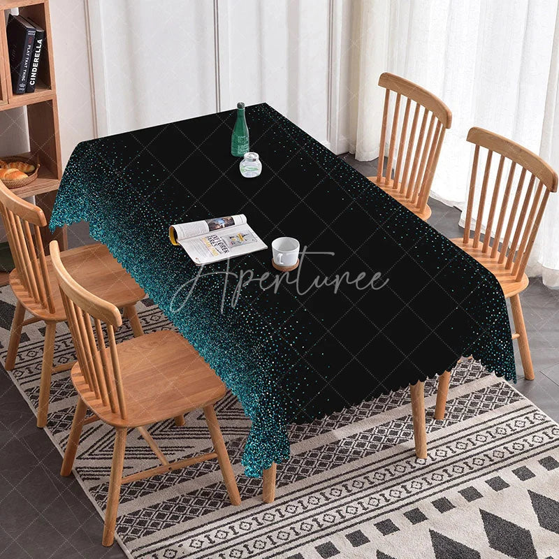 Aperturee - Aperturee Black Rectangle Tablecloth with Blue and White Glitter Dots Elegant Scalloped Edge Party Decor