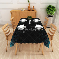 Aperturee - Aperturee Black Rectangle Tablecloth with Blue and White Glitter Dots Elegant Scalloped Edge Party Decor
