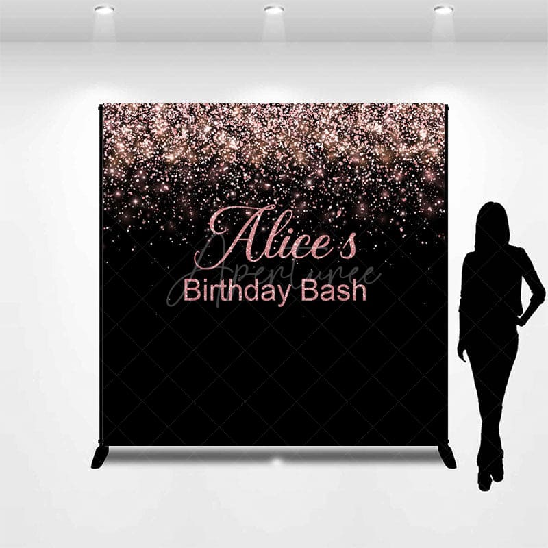 Aperturee - Aperturee Black Rose Gold Glitter Custom Name Birthday Backdrop