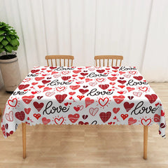 Aperturee - Aperturee Black Script Love Text Rectangle Tablecloth Red Heart Sketch Doodle Table Cover Modern Romantic Home Decor