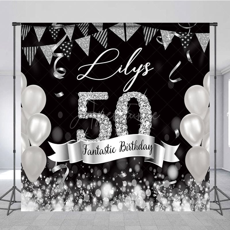 Aperturee - Aperturee Black Silver Balloon Flags Custom Birthday Backdrop