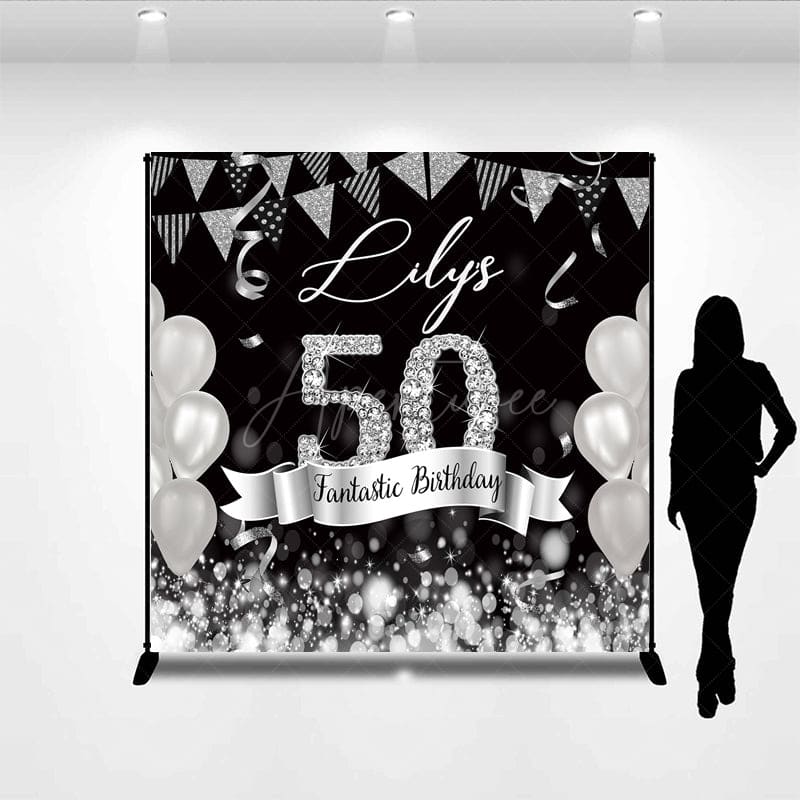 Aperturee - Aperturee Black Silver Balloon Flags Custom Birthday Backdrop
