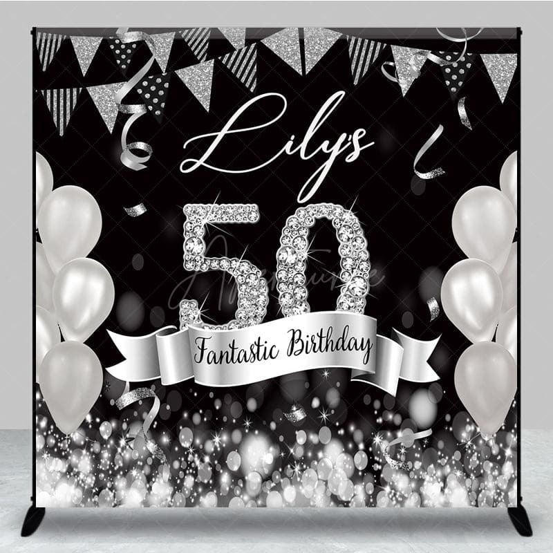 Aperturee - Aperturee Black Silver Balloon Flags Custom Birthday Backdrop