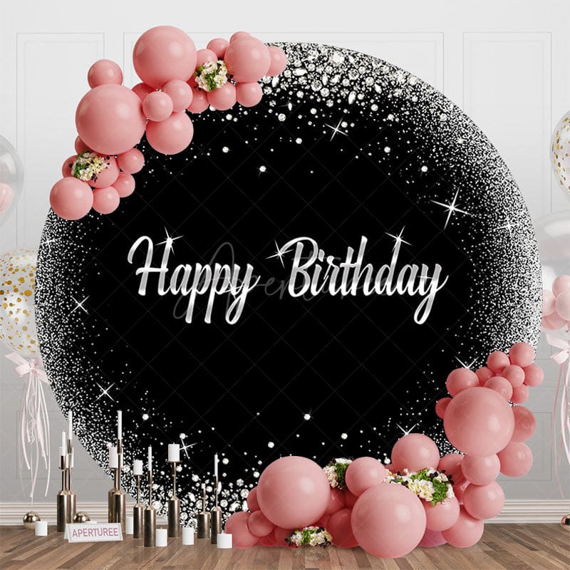 Aperturee - Aperturee Black Silver Glitter Round Happy Birthday Backdrop