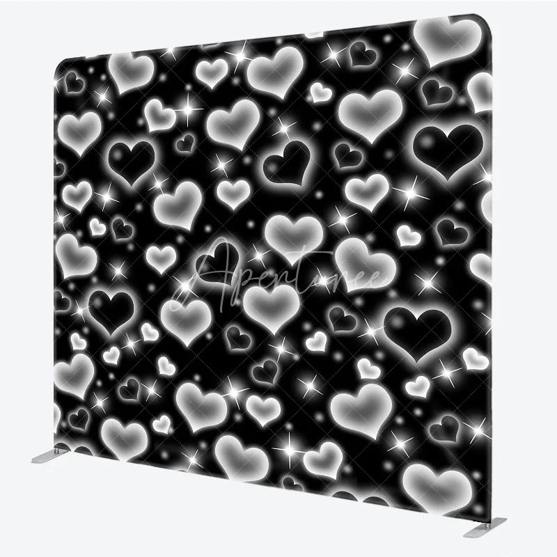 Aperturee - Aperturee Black Silver Heart Tension Fabric Backdrop Y2K Glowing Love Pattern Decoration Retro 2000s Background