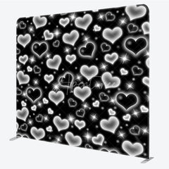 Aperturee - Aperturee Black Silver Heart Tension Fabric Backdrop Y2K Glowing Love Pattern Decoration Retro 2000s Background