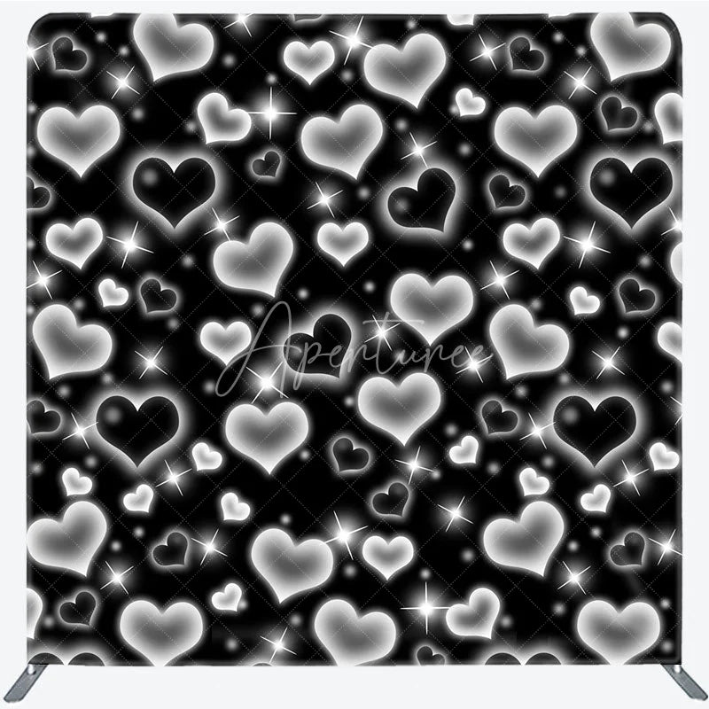 Aperturee - Aperturee Black Silver Heart Tension Fabric Backdrop Y2K Glowing Love Pattern Decoration Retro 2000s Background