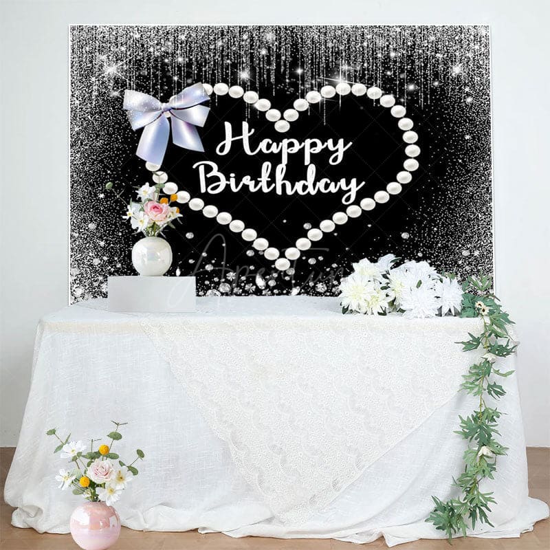 Aperturee - Aperturee Black Silver Pearls Heart Bow Birthday Backdrop