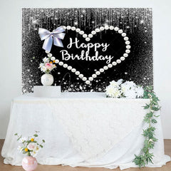 Aperturee - Aperturee Black Silver Pearls Heart Bow Birthday Backdrop