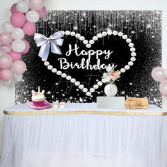 Aperturee - Aperturee Black Silver Pearls Heart Bow Birthday Backdrop