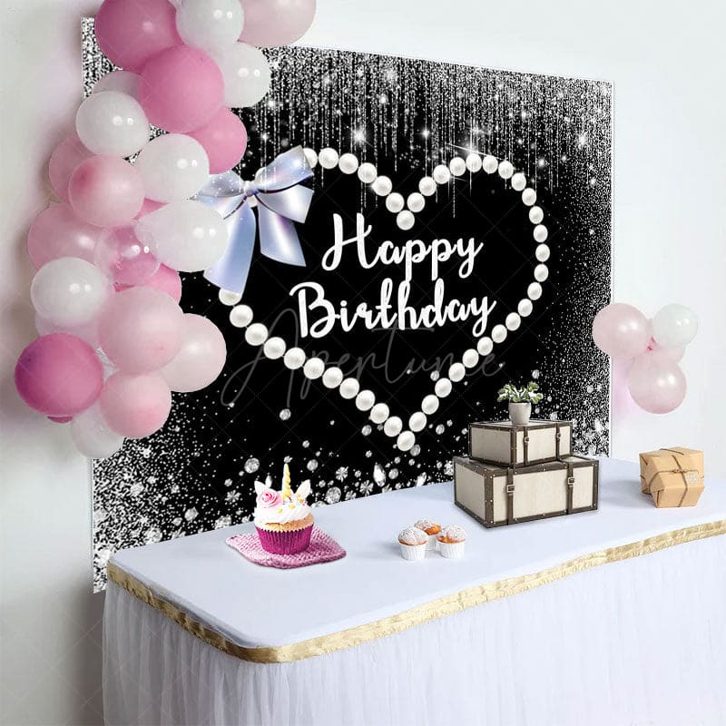 Aperturee - Aperturee Black Silver Pearls Heart Bow Birthday Backdrop
